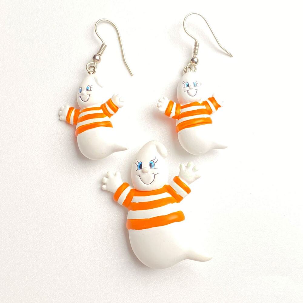Halloween Ghost Pin Brooch Earrings Set Orange Stripe Shirt Top Cute